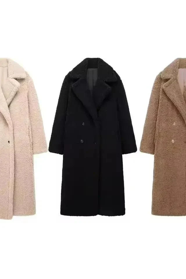 Velora Lux – Teddymantel Kollektion in Beige, Schwarz und Braun, stylische Oversize-Wintermäntel für Damen. 

