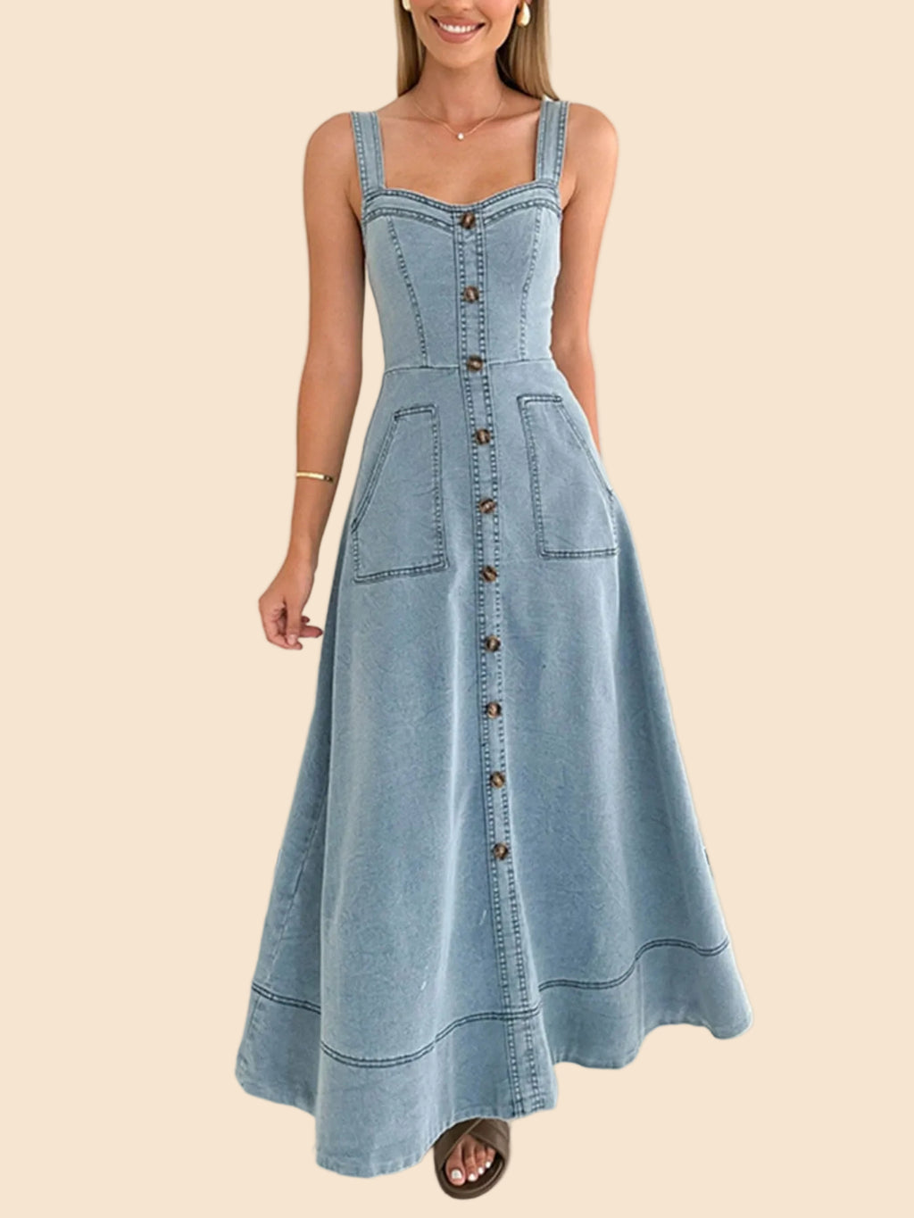Susi - A-Linien Jeanskleid mit Knopfleiste, tailliert und ausgestelltem Rockteil in zeitlosem Denim-Look.