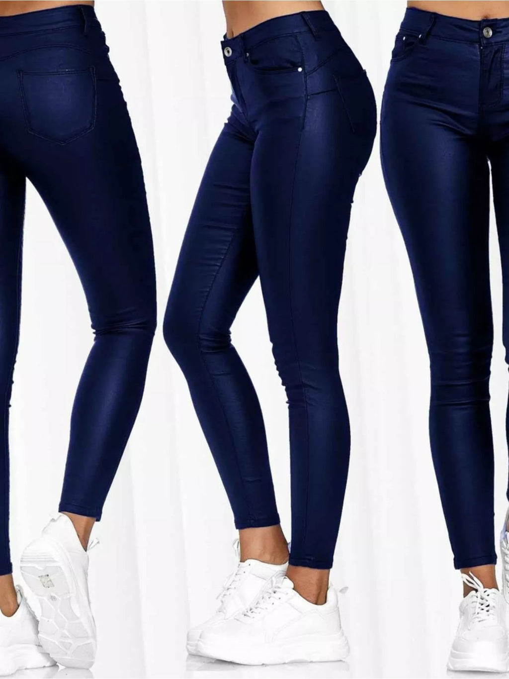Seitenansicht der dunkelblauen Stretch-Skinny Leggings, passgenauer Schnitt von Velora Lux.