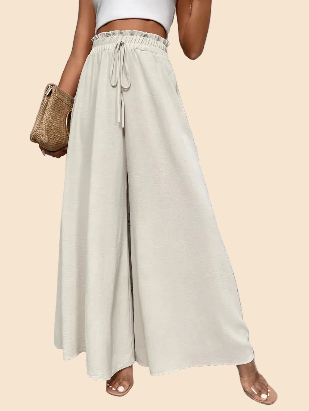 Beige weite Palazzo-Hose mit elastischem Bund und verstellbarem Kordelzug für eine lockere, fließende Passform