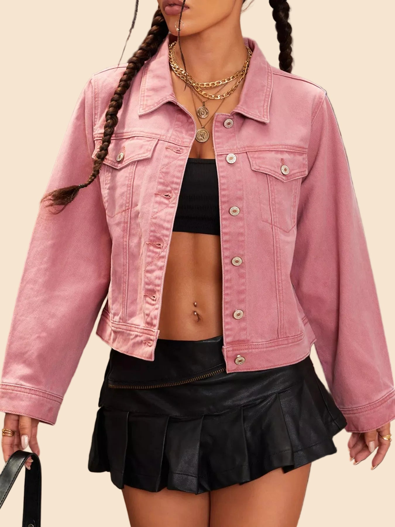 Leonie - Denim Jacke in Pastell-Rosa mit Knopfverschluss für trendige Frühlingsoutfits