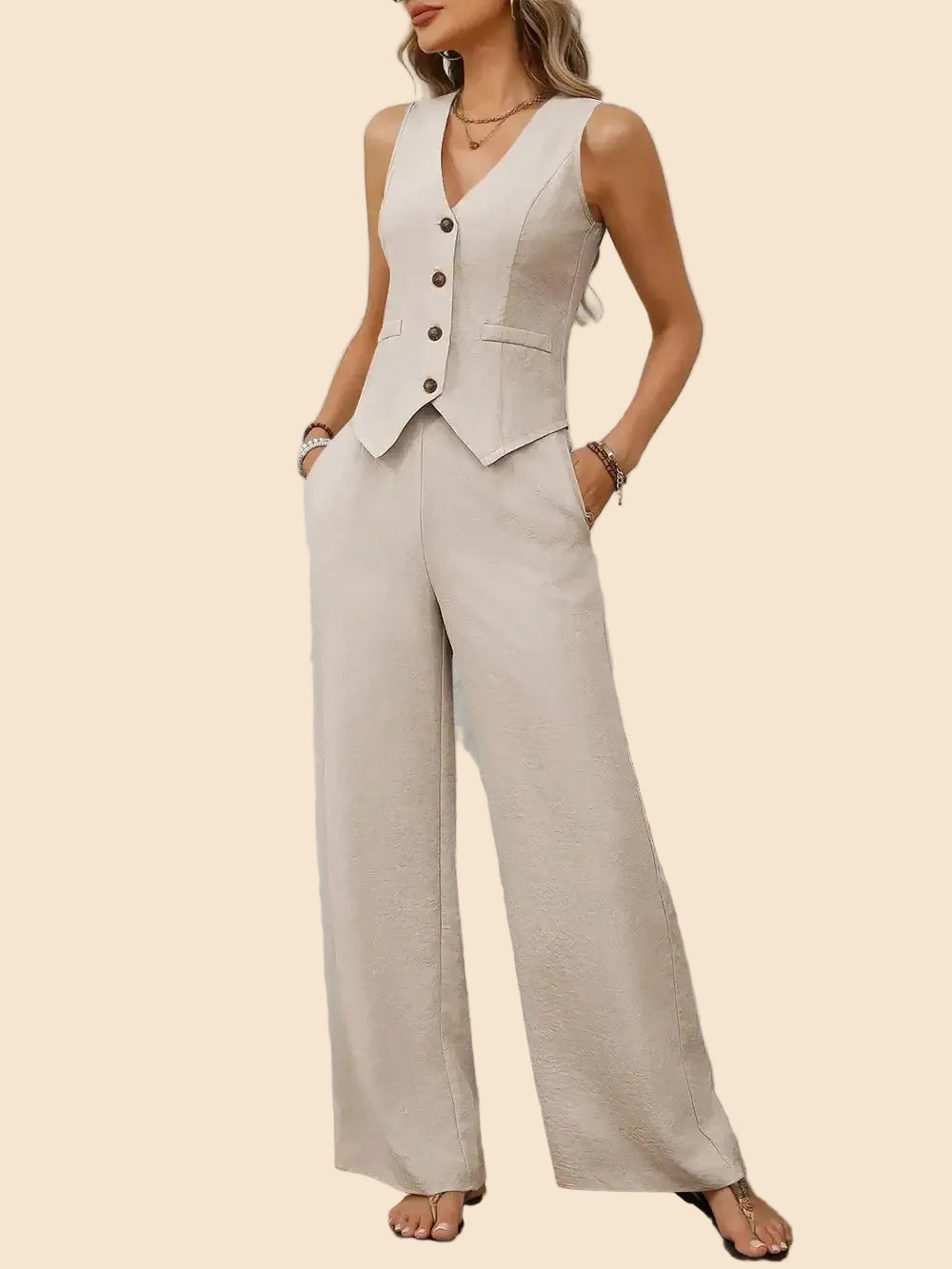 V-Neck Button Down Vest and Wide Leg Pants Set