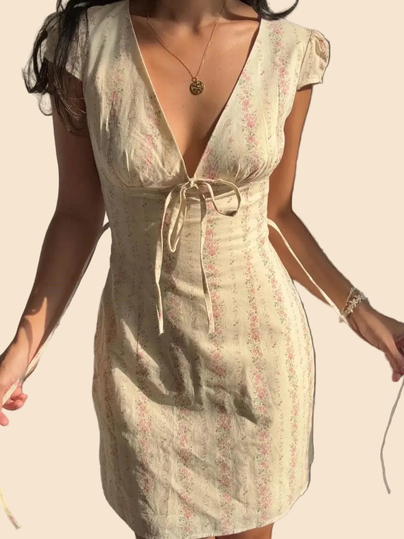 Floral Tie-Front Deep V-Neck Mini Dress