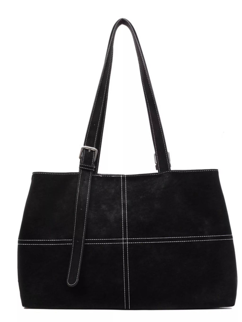 Juno - Tote Bag in elegant black suede with contrast stitching and stylish shoulder strap.