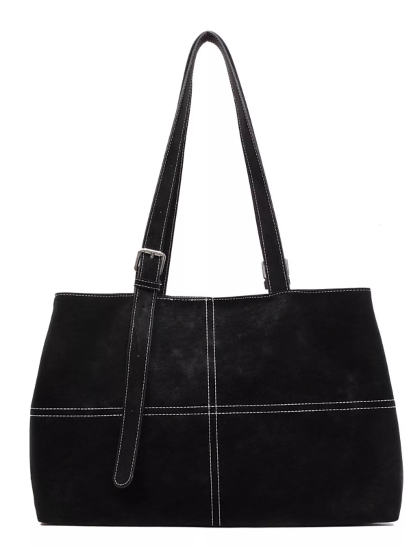 Juno - Tote Bag in elegant black suede with contrast stitching and stylish shoulder strap.