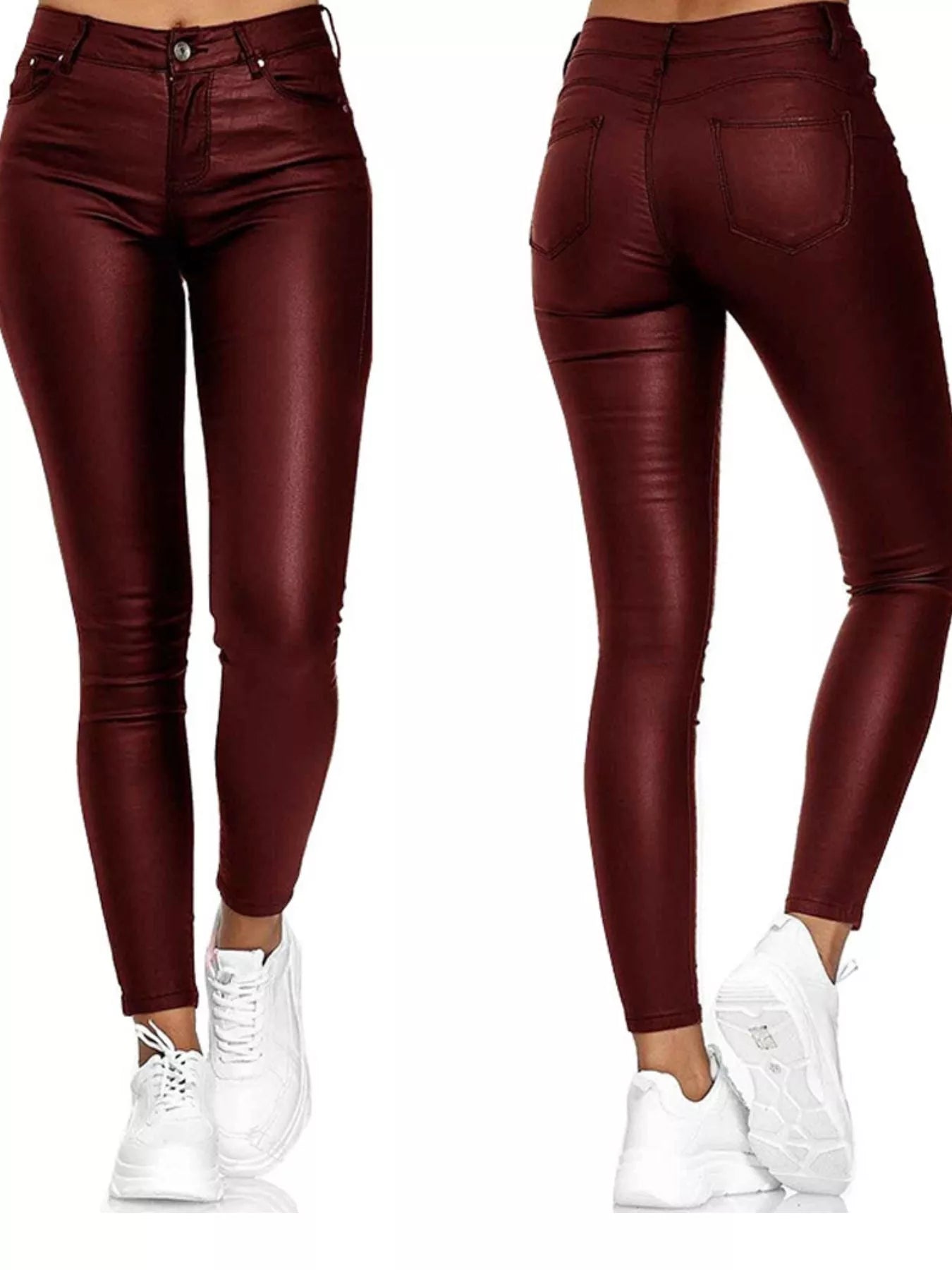 Stretch-Skinny Hose in Bordeaux-Rot, elegante Leder-Optik, präsentiert von Velora Lux.