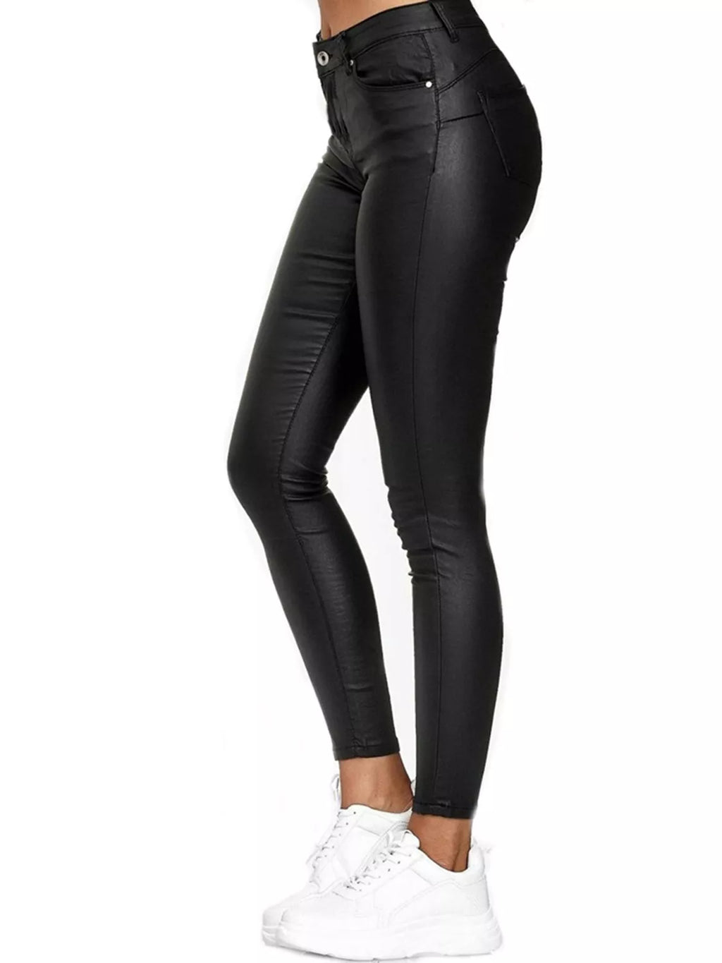 Seitliche Ansicht der schwarzen Stretch-Skinny Hose in Leder-Optik, bequeme Passform von Velora Lux.