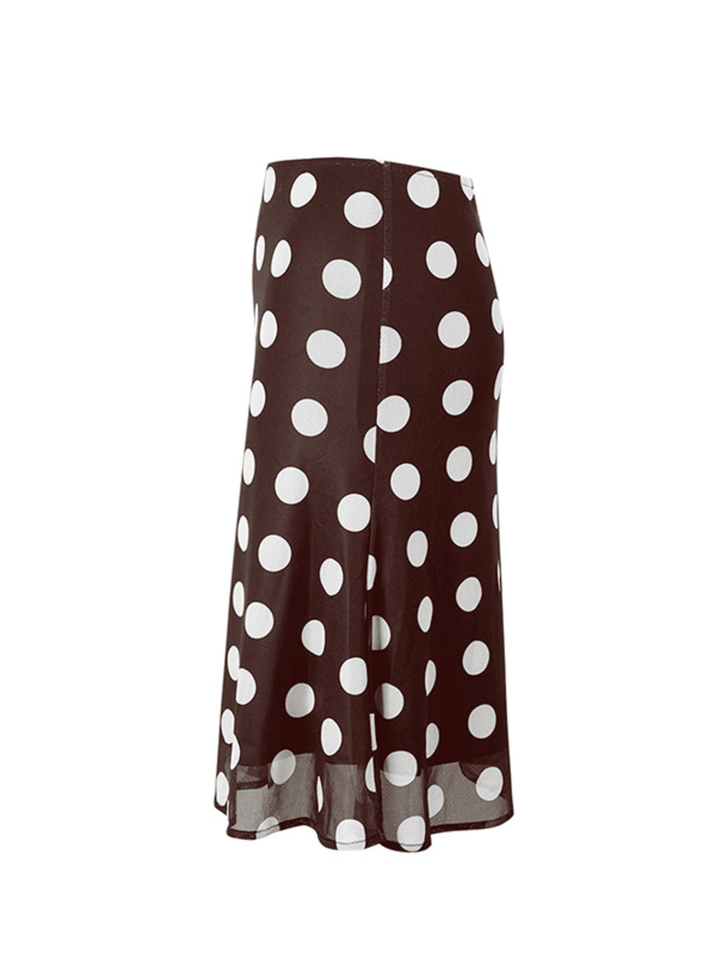 Seitliche Ansicht des braunen Retro-Mesh-Rocks mit weißen Polka-Dots, fließende Silhouette von Velora Lux.