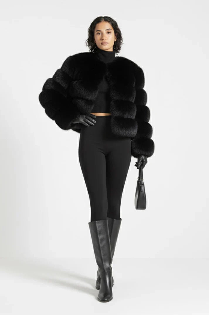 Schwarze elegante Faux fur Jacke für Damen - Wintermantel eleganter kurzer Schnitt bei Velora Lux kaufen 