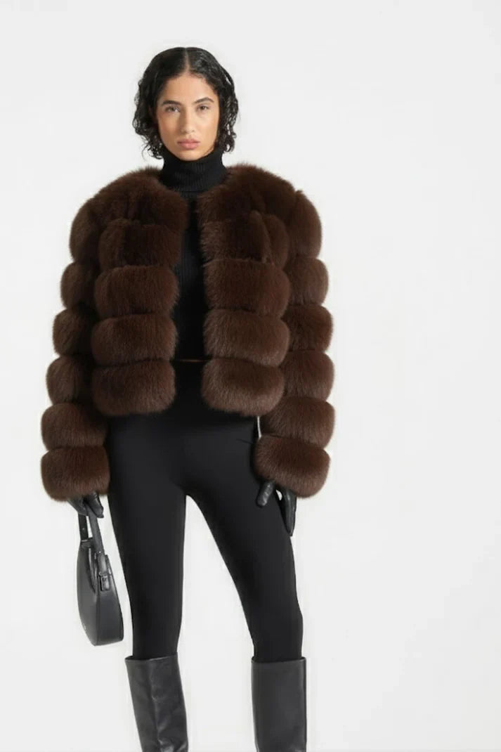 Faux fur Jacke braun Edelweiß Damen winterjacke kurz geschnitten bei veloralux kaufen 