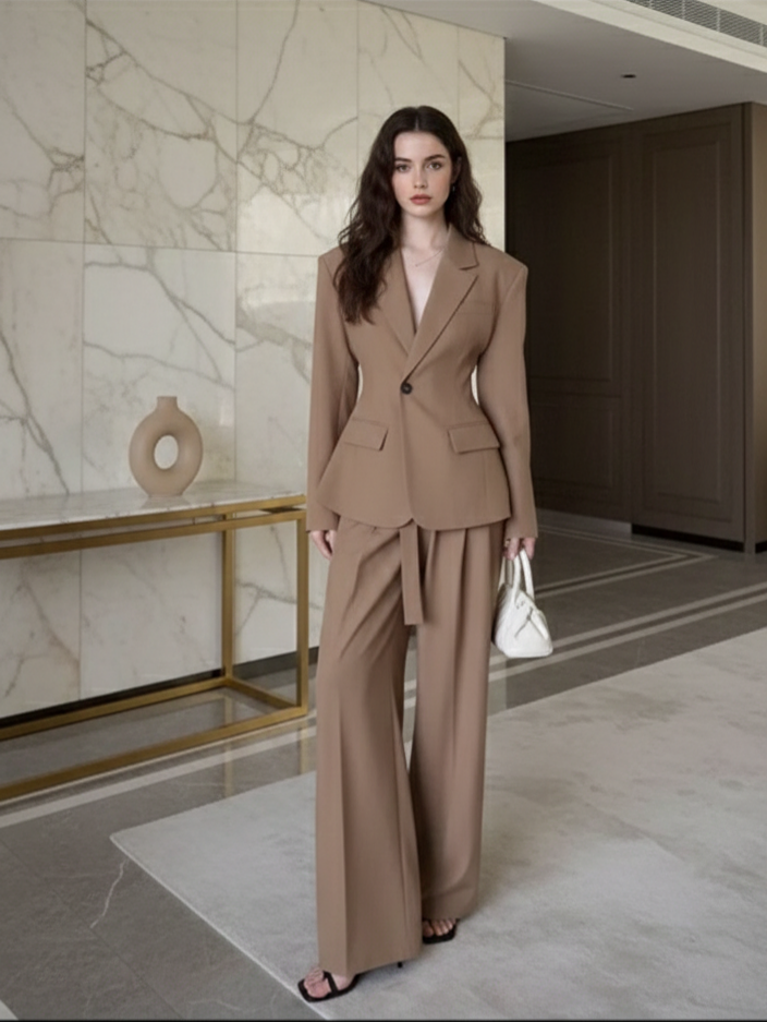 Zweiteiler Blazer mit Hose in Beige – Klassischer Business-Look für Damen mit moderner Passform – Velora Lux onlinekaufen