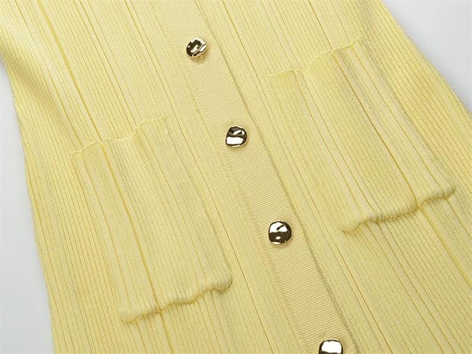 Nahansicht Material gerippt Sommer Kleid mit Gold Knopf Details-veloralux Fashion 