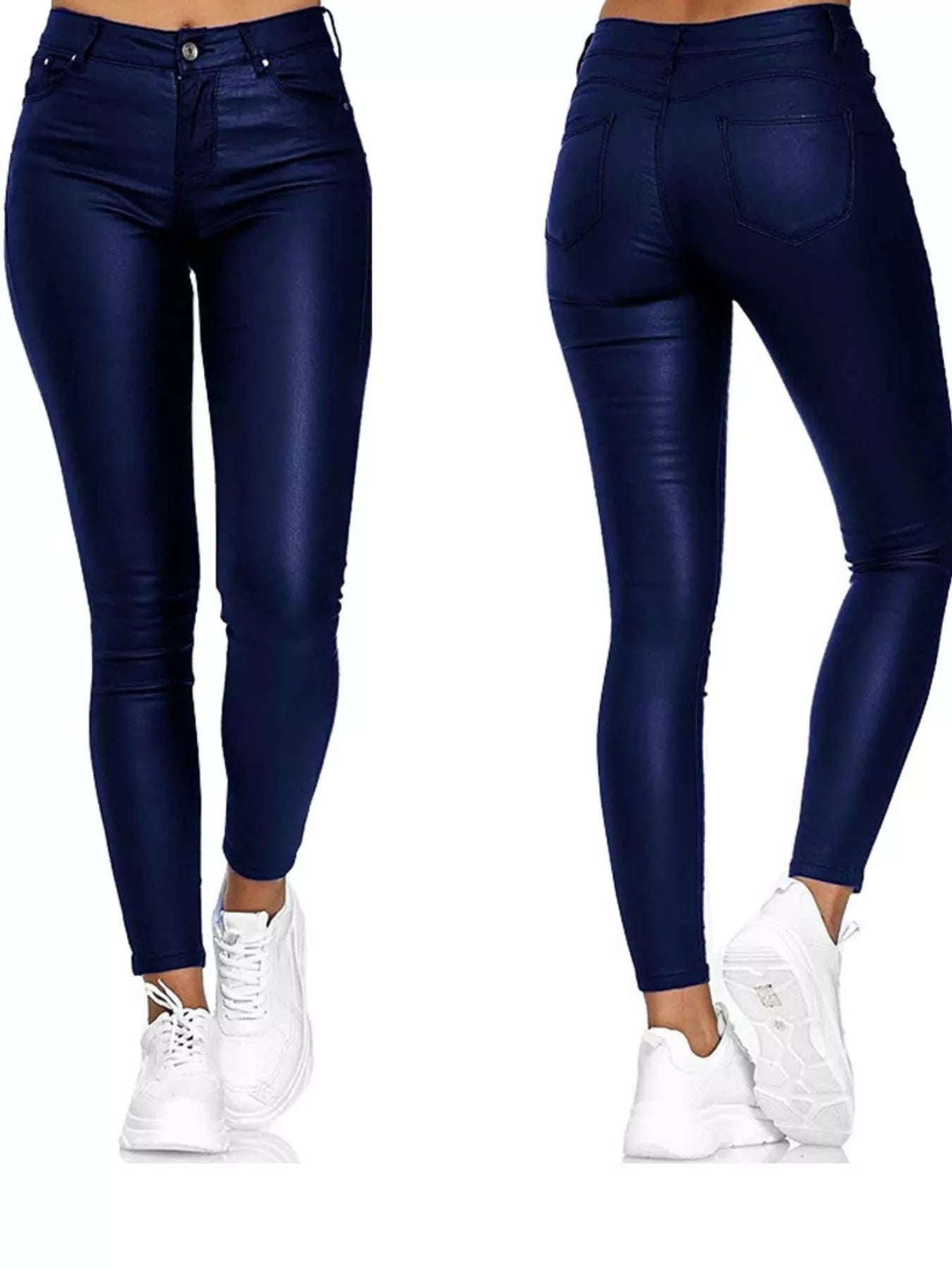 Dunkelblaue Stretch-Skinny Hose mit glänzendem Finish, moderne Leder-Optik von Velora Lux.