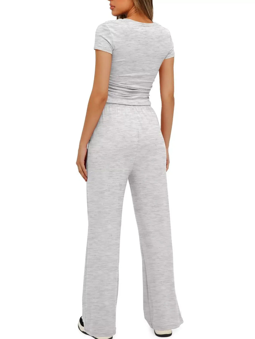 Short Sleeve Top and Drawstring Pants Set, grey outfit showcasing relaxed style and comfort from the back.
