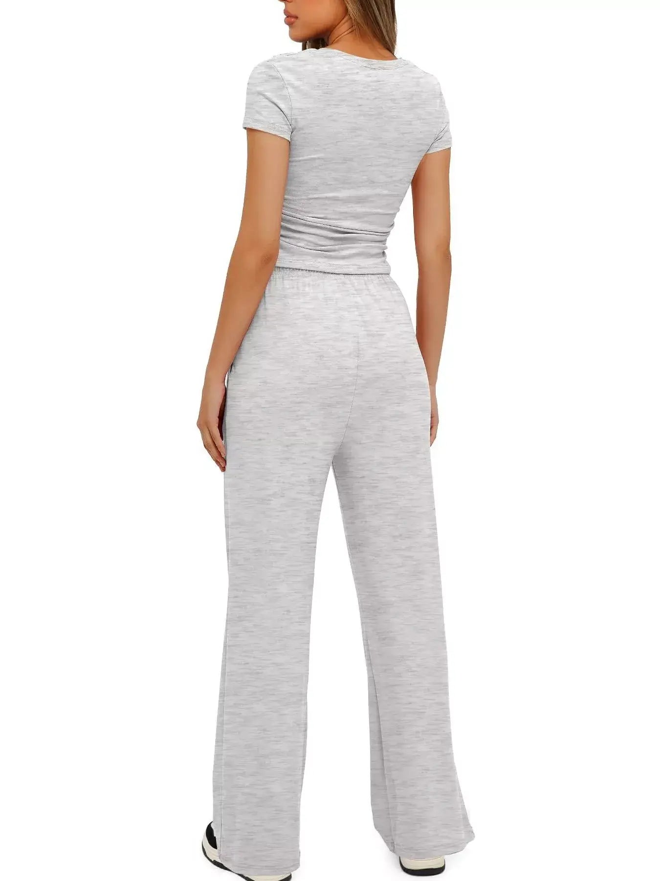Short Sleeve Top and Drawstring Pants Set, grey outfit showcasing relaxed style and comfort from the back.
