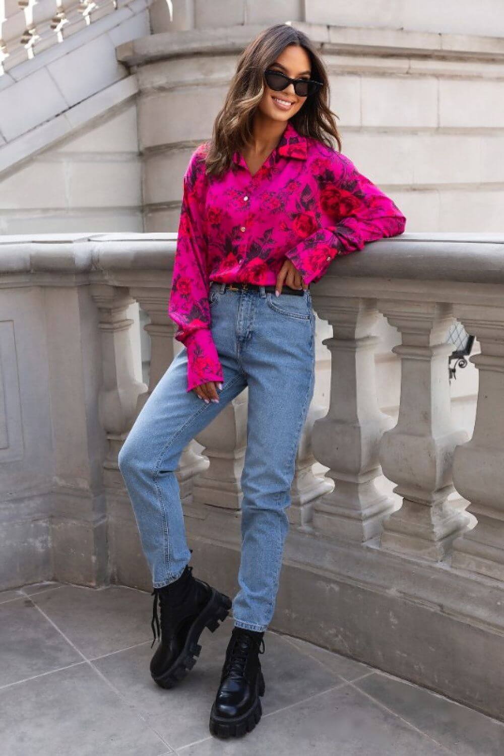 Langarm Bluse mit Blumen-Design in Fuchsia und Schwarz – Elegantes Damenhemd für Freizeit und Business