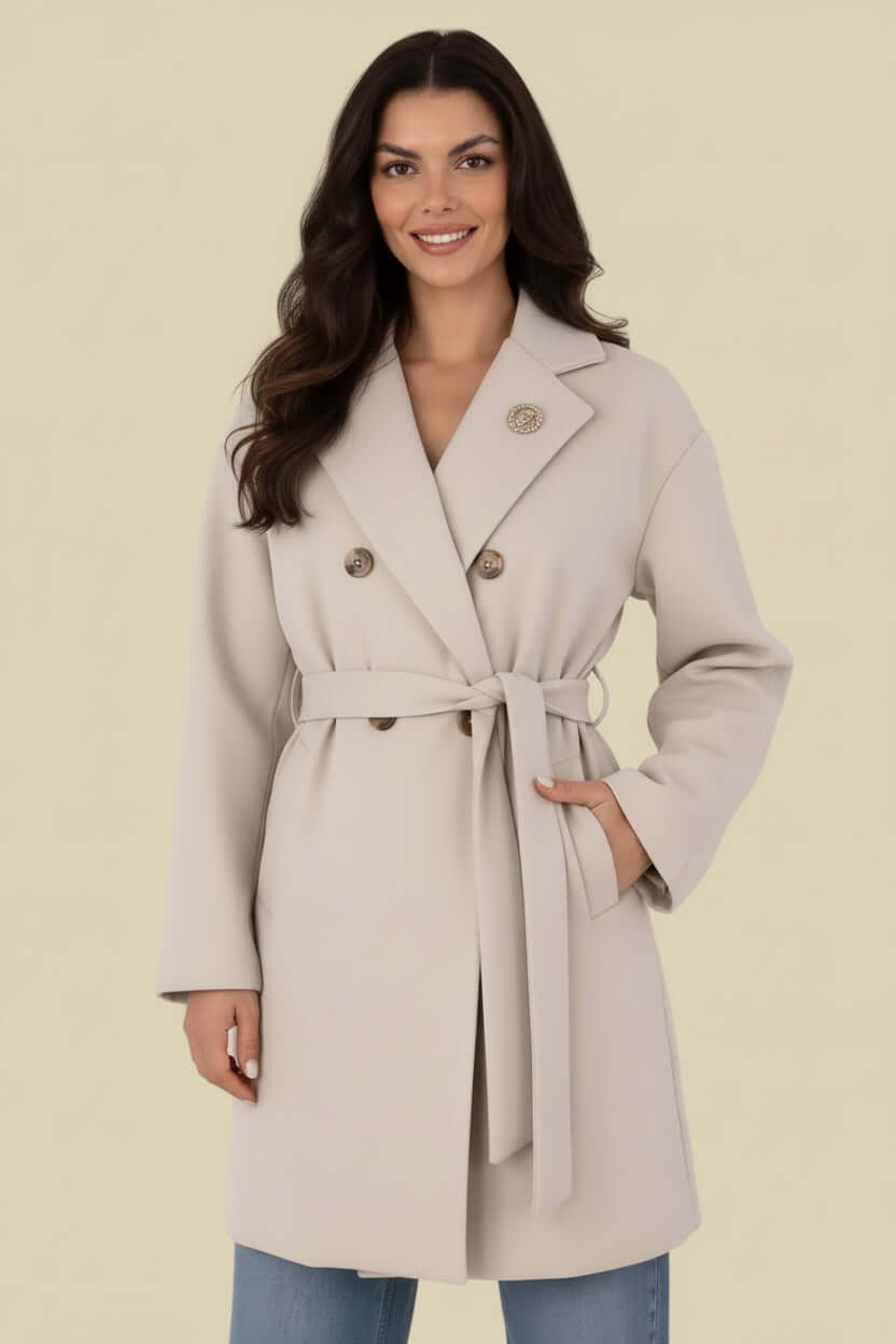 Eleganter Damen Kurzmantel in Beige – Taillierter Übergangsmantel mit Bindegürtel