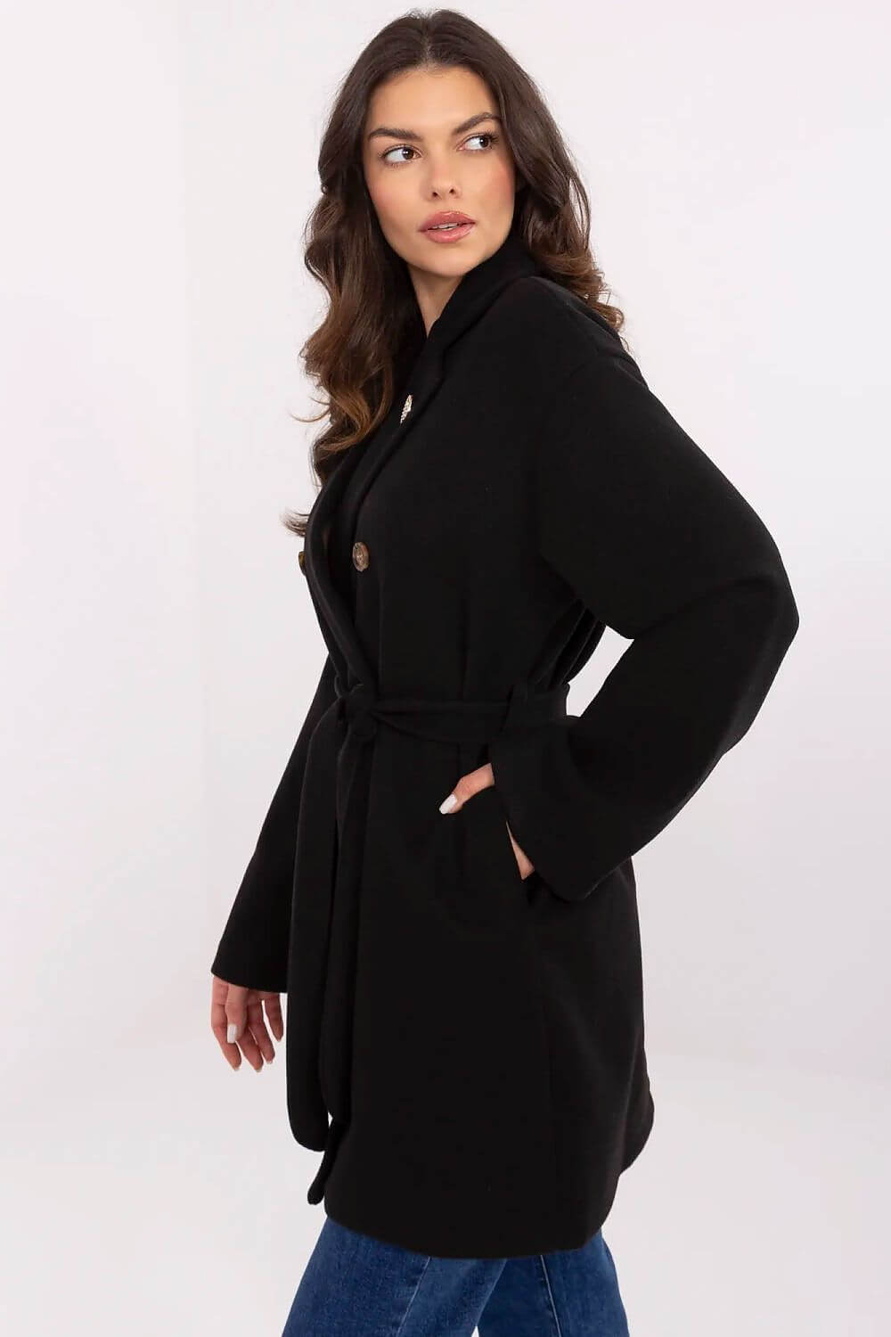 Eleganter schwarzer Damenmantel – Kurze Jacke im Woll-Look für Herbst und Frühjahr