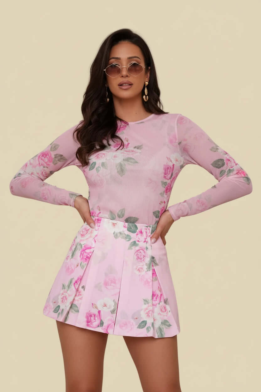 Flora Tüll Set Damen in Rosa: Zweiteiler aus Rock und Top mit Blumenmuster von Veloralux.