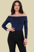 Dunkelblaue Off-Shoulder Bluse für Damen aus 100% Viskose von Veloralux.