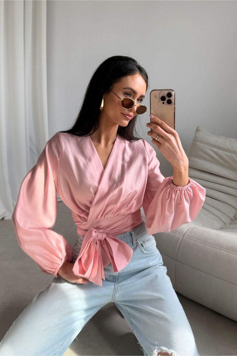 Elegante Wickelbluse in Altrosa für Damen, Satin-Finish – Roco Fashion