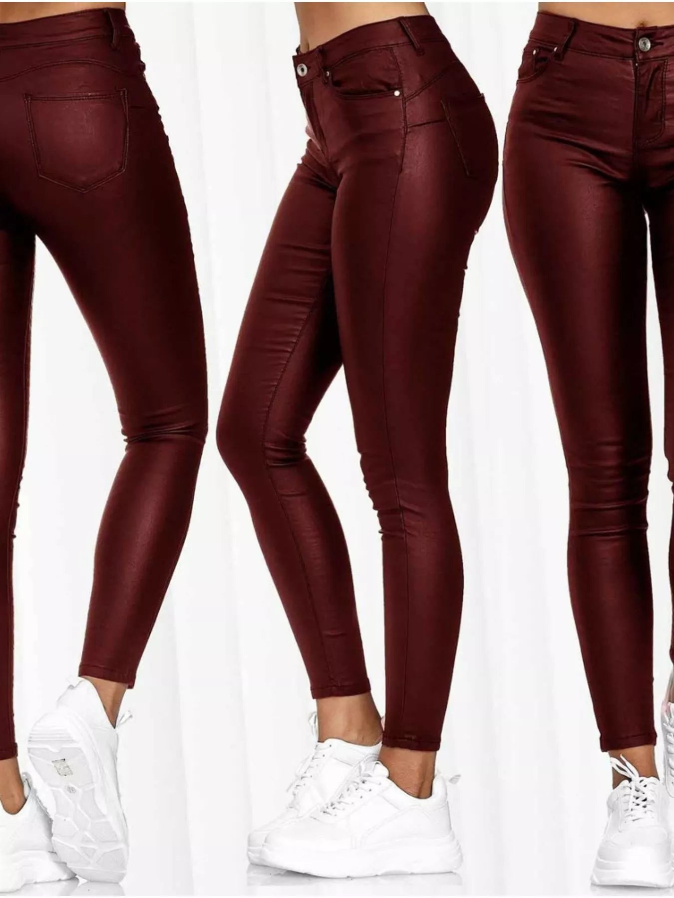 Rückansicht der bordeauxroten Stretch-Skinny Hose, figurbetonter Schnitt von Velora Lux.
