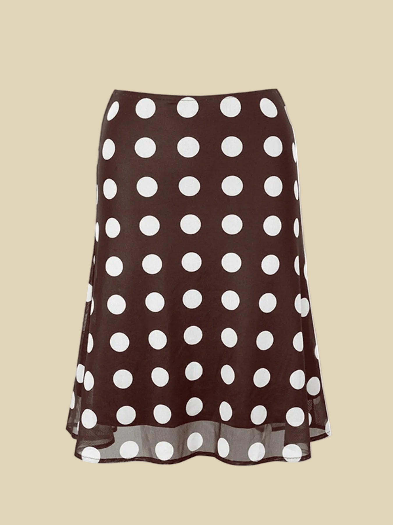 Brauner Damen-Rock mit weißen Punkten im Retro-Stil aus leichtem Mesh-Stoff von Velora Lux, Frontansicht.