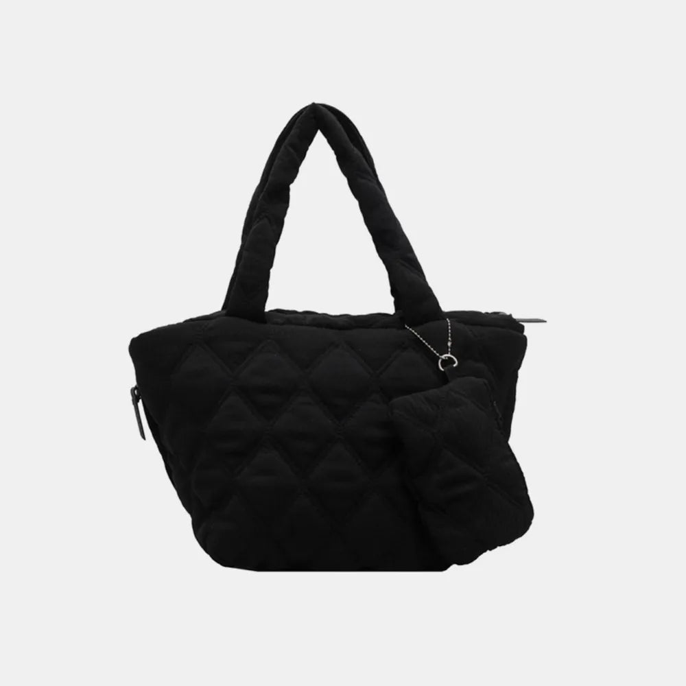 Schwarze gesteppte Handtasche mit gepolsterten Griffen und kleiner abnehmbarer Mini-Tasche mit Reißverschluss