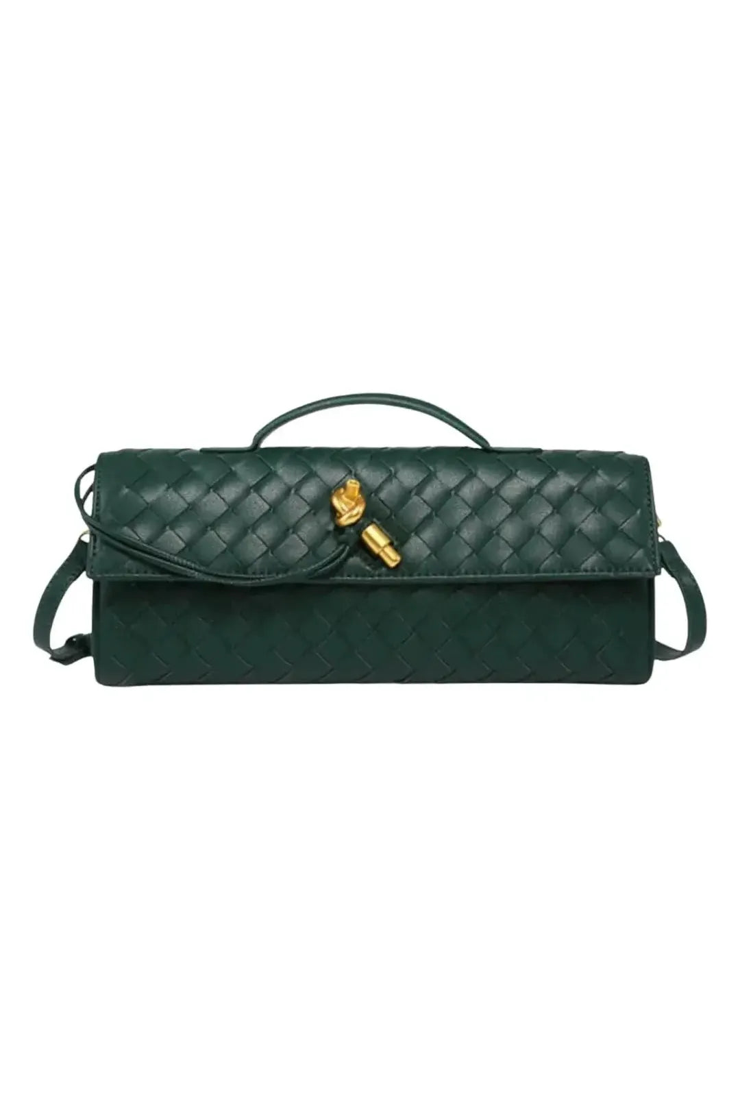 Dunkelgrüne Leder-Clutch in handgewebter Optik mit elegantem Überschlag und goldfarbenem Akzent.“ Velora Lux