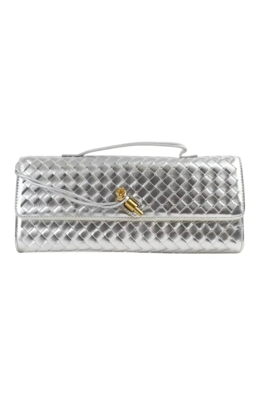 Silberne Handtasche aus geflochtenem Leder mit filigranem, goldfarbenem Verschluss-Detail in Knoten-Optik.“ velora lux