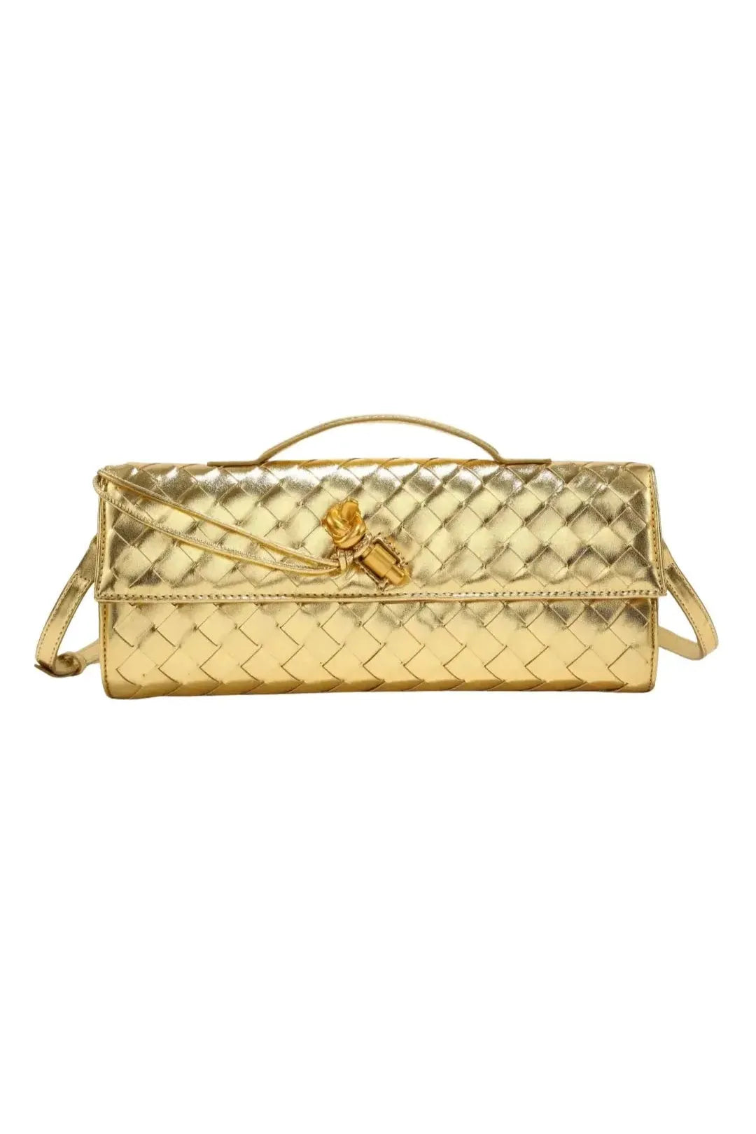 Luxuriöse goldene Clutch mit hochwertiger Web-Struktur und schmalem Tragegriff für festliche Anlässe.“ Velora Lux
