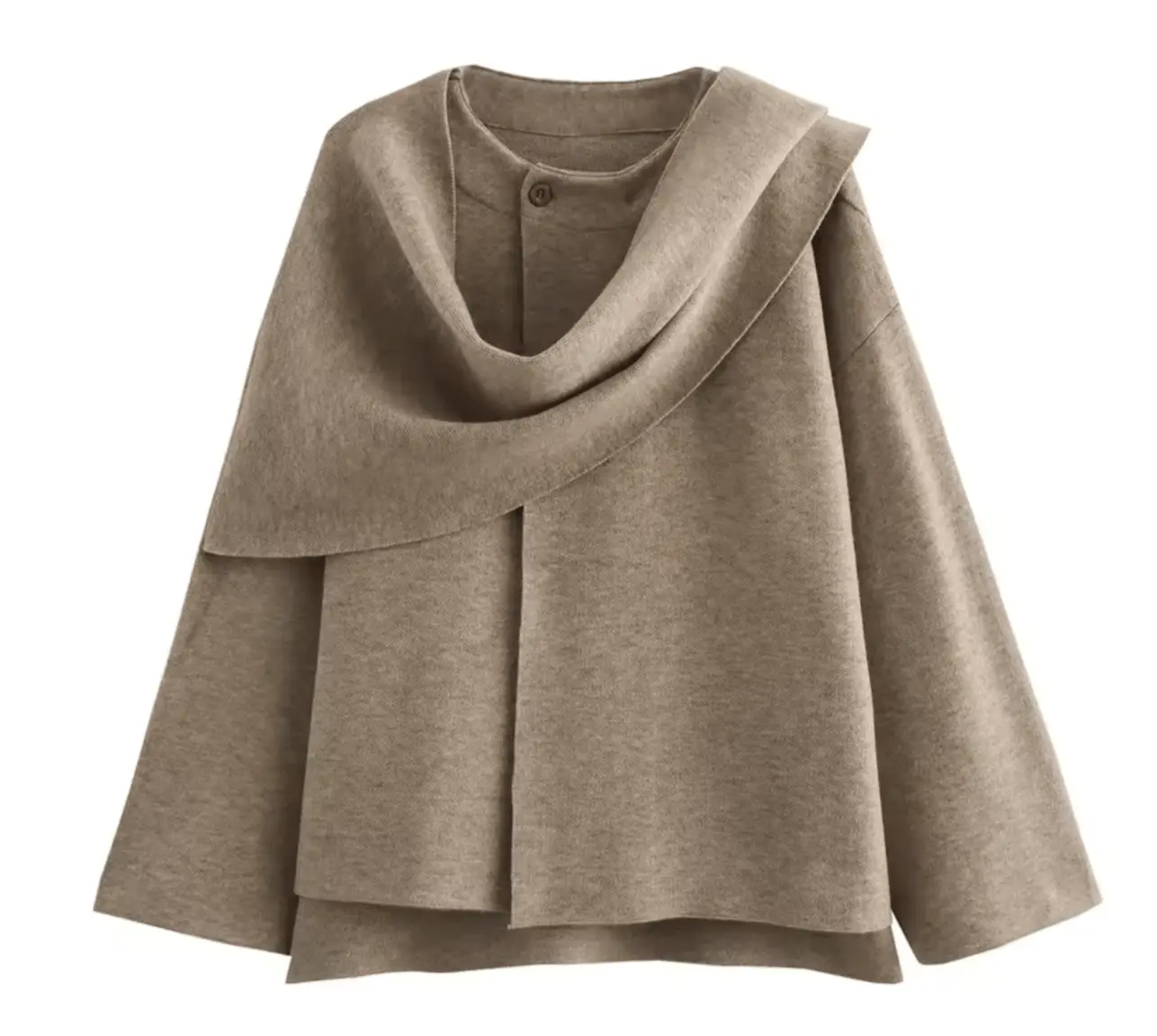 Velora Lux – beige Designer Cape-Jacke, zeitloser Schnitt mit fließender Silhouette für elegante Winteroutfits.