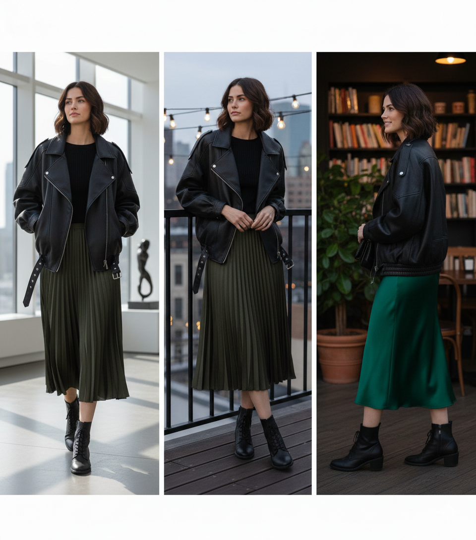 Oversized Biker-Jacke kombiniert mit elegantem Rock – Stilvoller Stilbruch für modebewusste Frauen – Velora Lux 