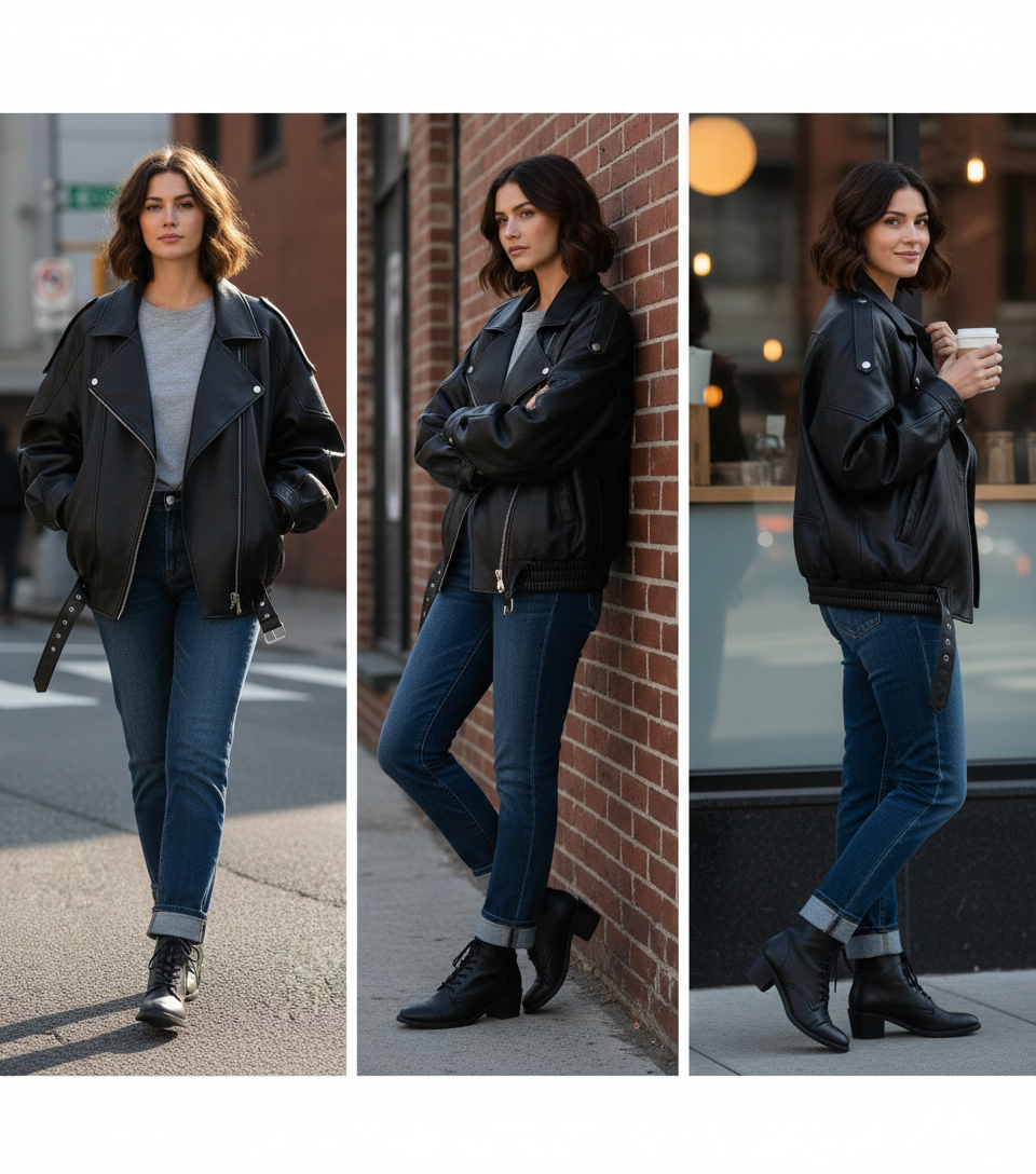Schwarze Vintage Bikerjacke kombiniert mit Blue Jeans – Cooles Damen Outfit für den Alltag – Velora Lux 