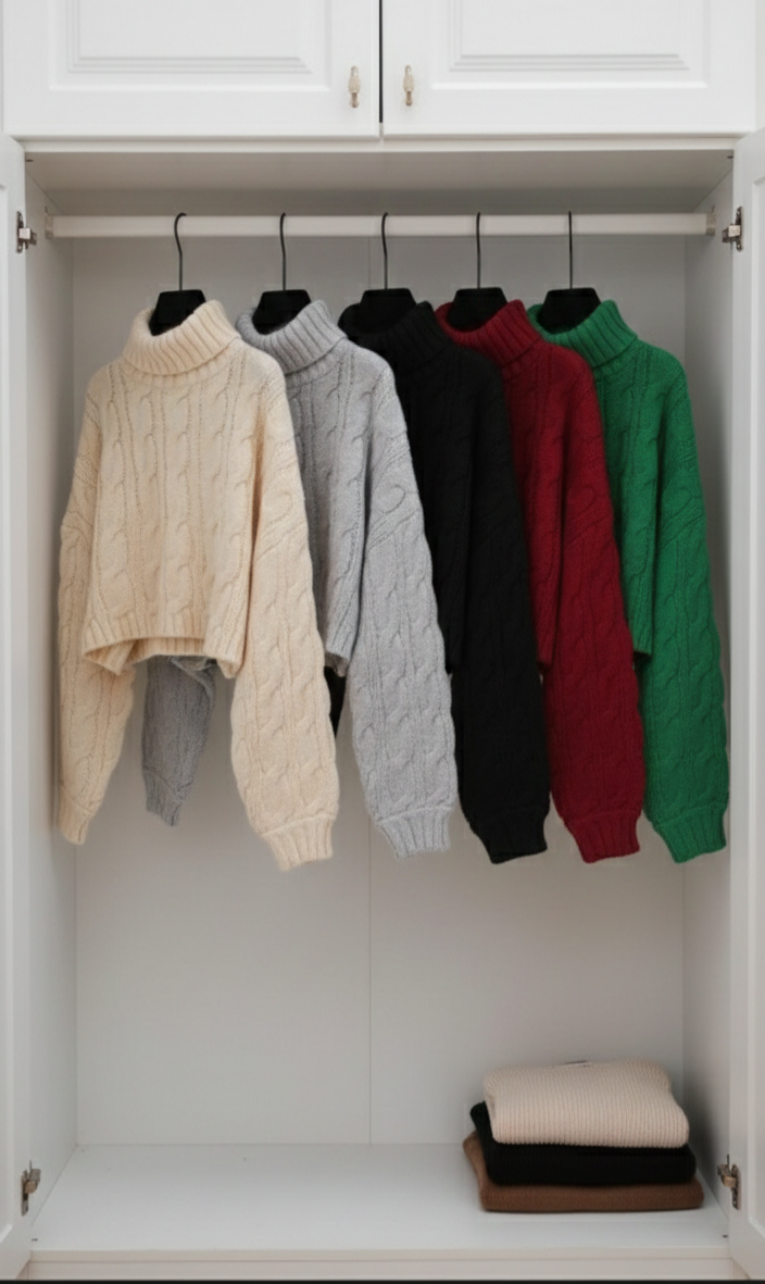 Moderne kurze Zopfstrickpullover für Damen – Farbauswahl in Beige, Grau, Schwarz, Rot und Grün mit elegantem Stehkragen – Velora Lux 