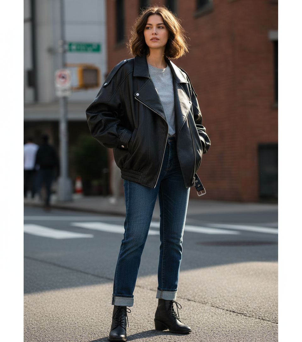 Oversized Vintage Biker-Jacke für Damen in Schwarz – Lässige Leder-Optik für den ultimativen Streetstyle-Look – Velora Lux 